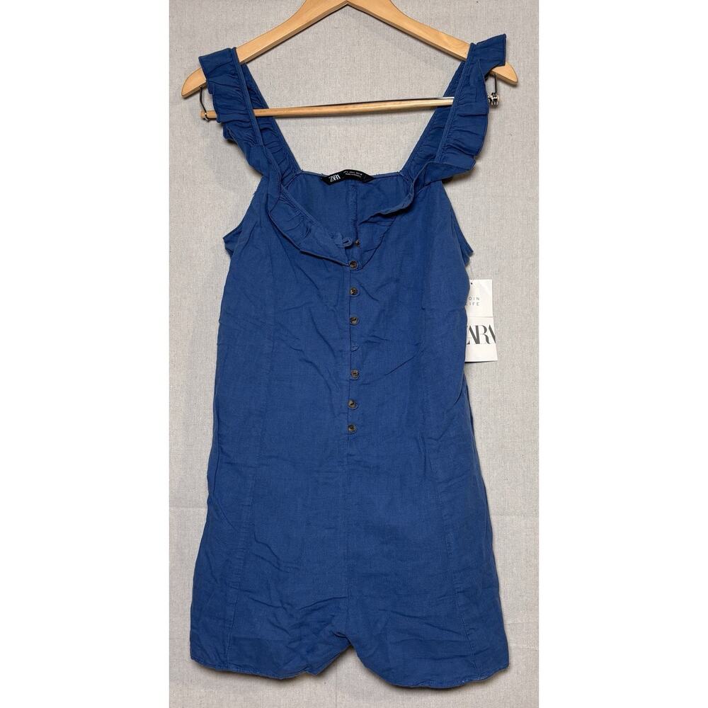 ZARA JUMPSUIT‎ Woman BLUE RUSTIC Sleeveless Short Linen V Neck Size L NWT